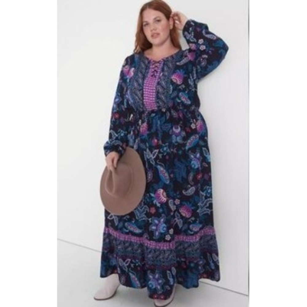 LANE‎ BRYANT Paisley Floral Lace Up Tiered Maxi Dress Boho Ancient Fleur Sz 14